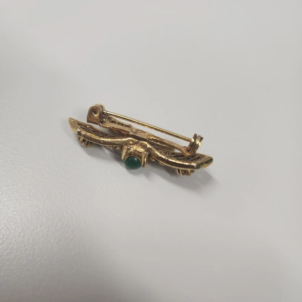 Vintage Gold Filigree Bow Brooch Pin Green Cabochon Pearl Accents Victorian MCM